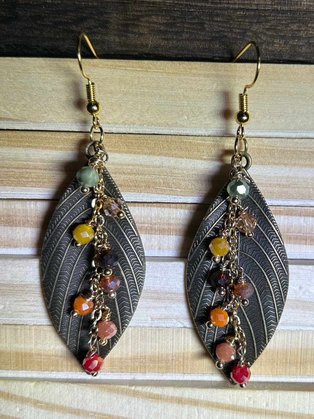 3/$25 Fall Inspired Leaf Dangle Earrings with Multicolor Beads